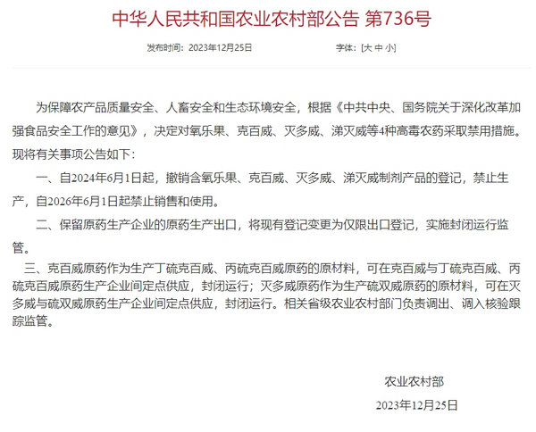 Announcement No. 736 of the Ministry of Agriculture and Rural Affairs of the People's Republic of China